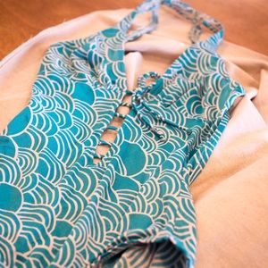 Vintage electric blue and white 70’s swimsuit